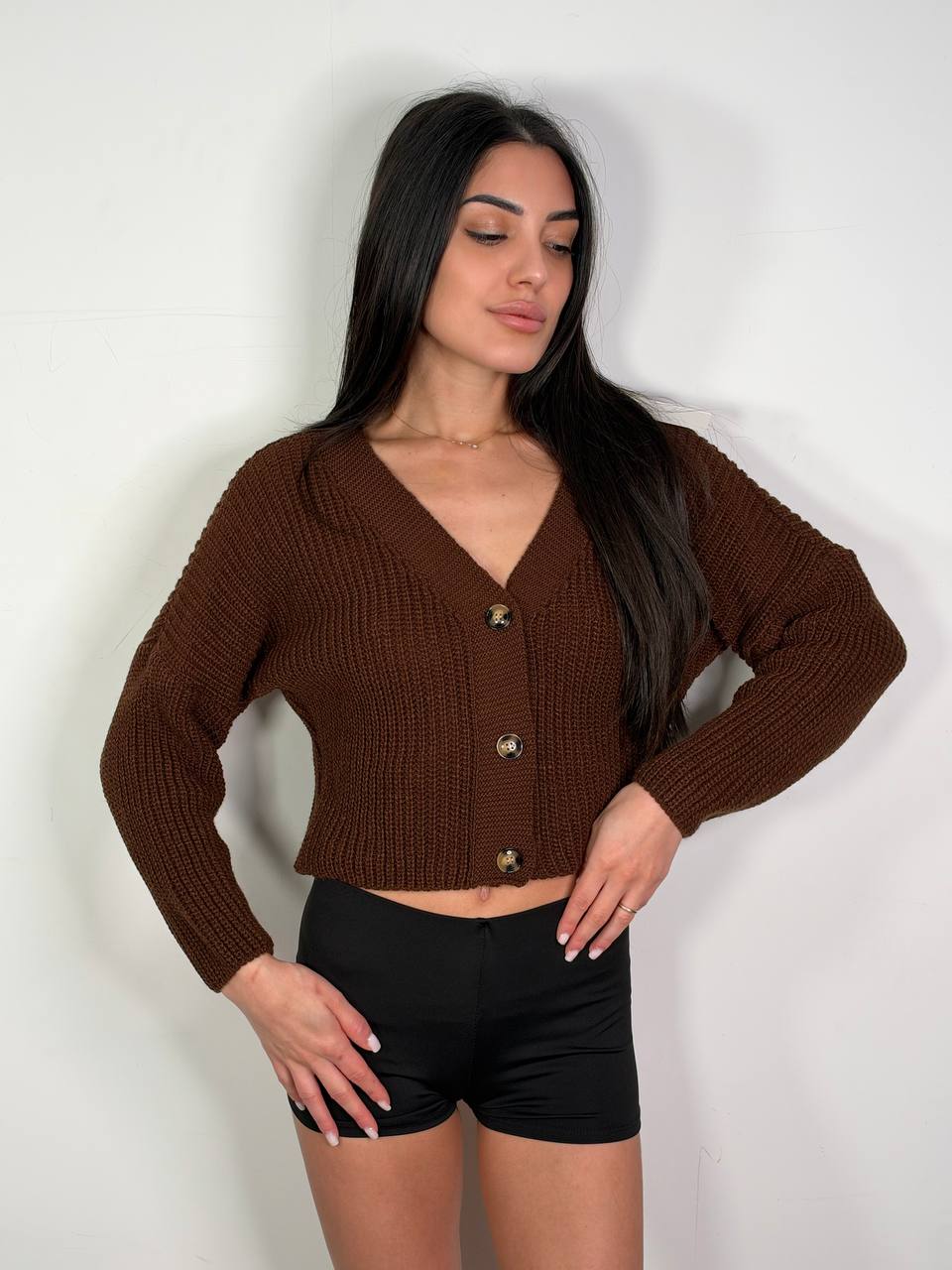 Cardigan Crop Botton Marrone, taglia unica
