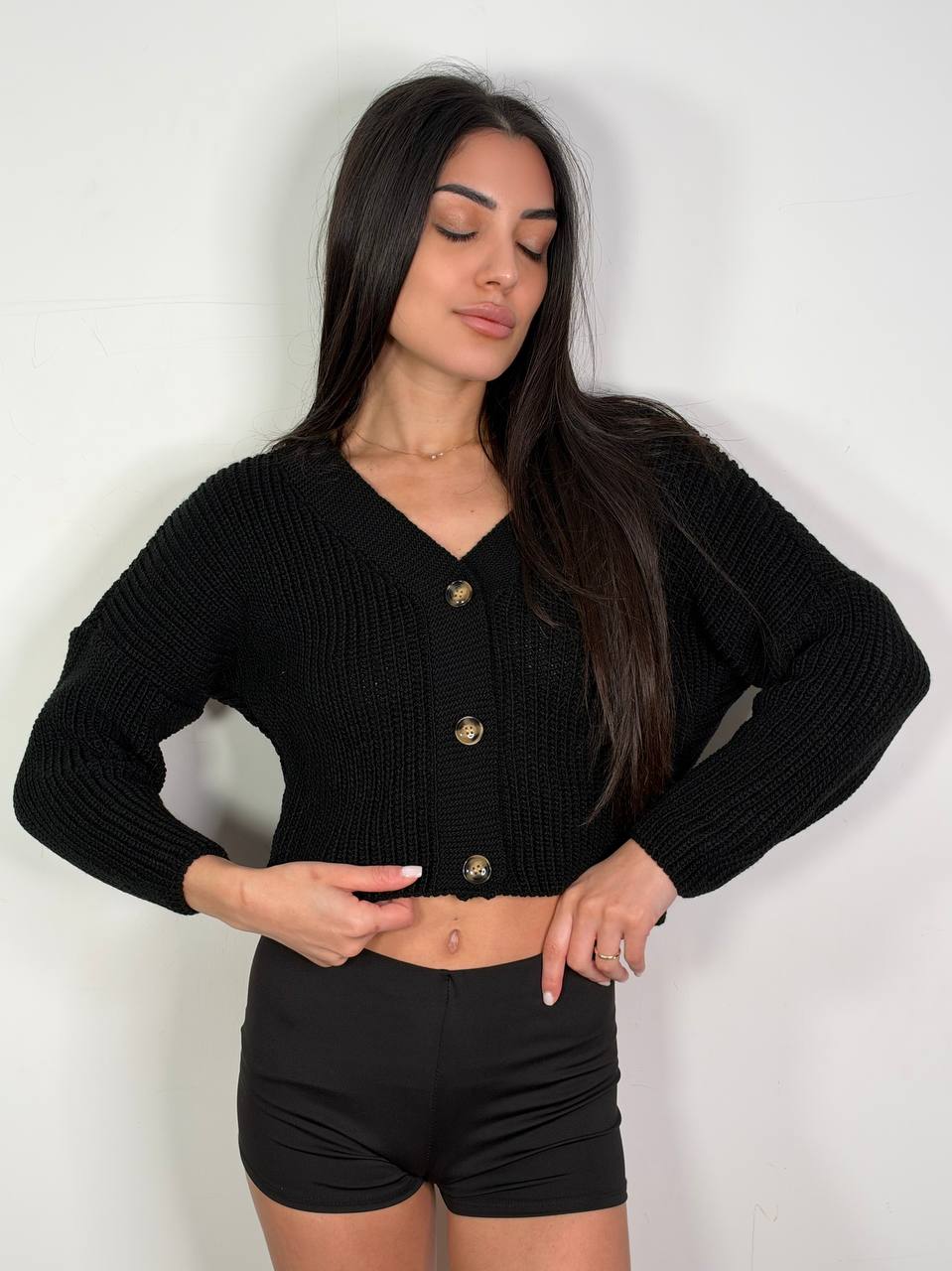 Cardigan Crop Botton Nero, taglia unica