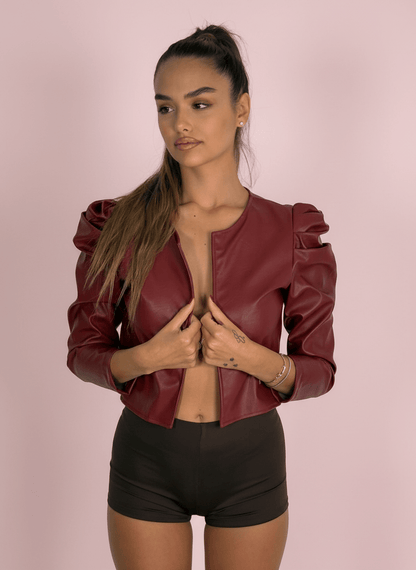 Giacca Cropped Ecopelle Con Spalline Arricciate Bordeux - Abbigliamento Jessica