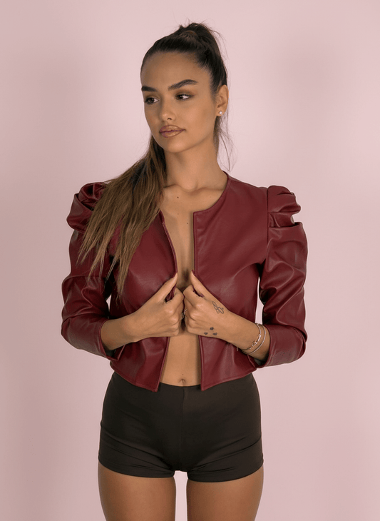Giacca Cropped Ecopelle Con Spalline Arricciate Bordeux - Abbigliamento Jessica