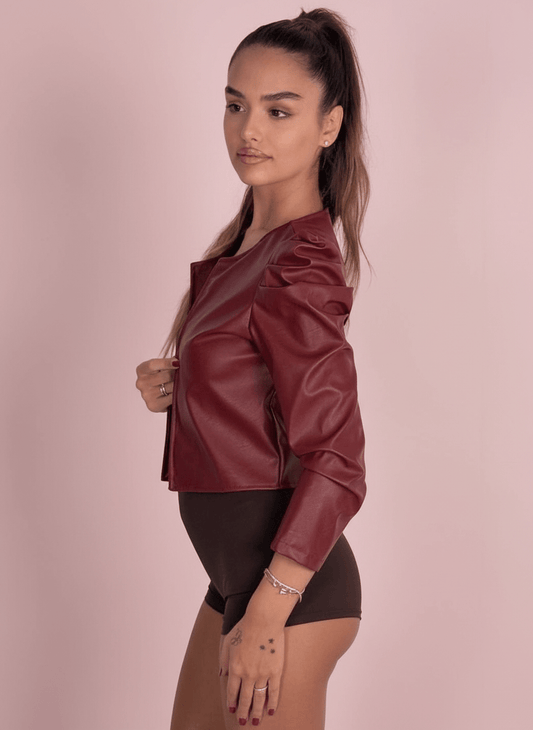 Giacca Cropped Ecopelle Con Spalline Arricciate Bordeux - Abbigliamento Jessica