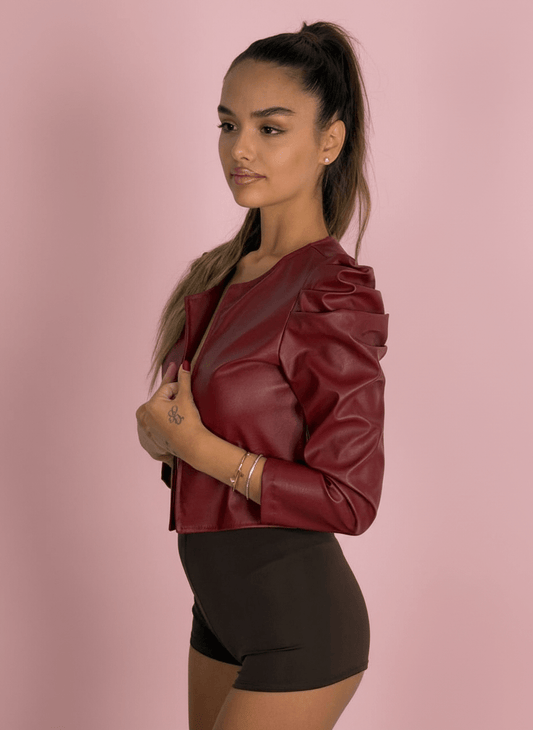 Giacca Cropped Ecopelle Con Spalline Arricciate Bordeux - Abbigliamento Jessica