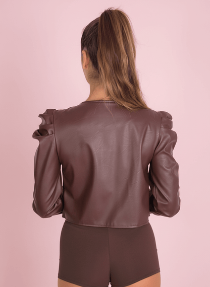 Giacca Cropped Ecopelle Con Spalline Arricciate Marrone - Abbigliamento Jessica