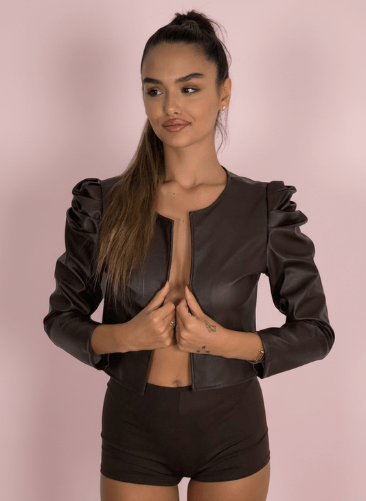 Giacca Cropped Ecopelle Con Spalline Arricciate Marrone - Abbigliamento Jessica
