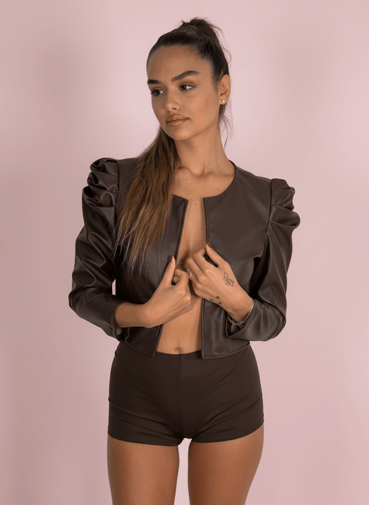 Giacca Cropped Ecopelle Con Spalline Arricciate Marrone - Abbigliamento Jessica