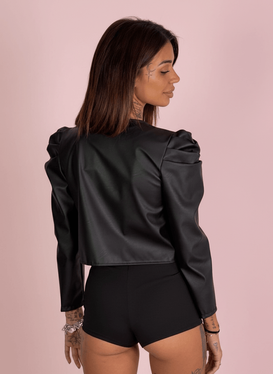 Giacca Cropped Ecopelle Con Spalline Arricciate Nero - Abbigliamento Jessica