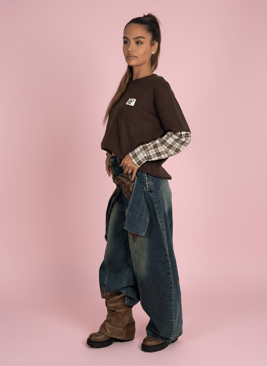 Jeans Baggy Con Zip Removibile E Patch A Quadretti - Abbigliamento Jessica
