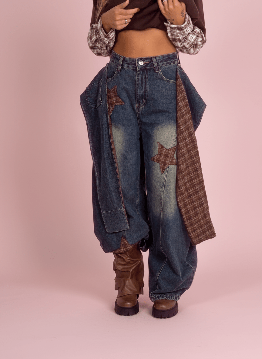 Jeans Baggy Con Zip Removibile E Patch A Quadretti - Abbigliamento Jessica