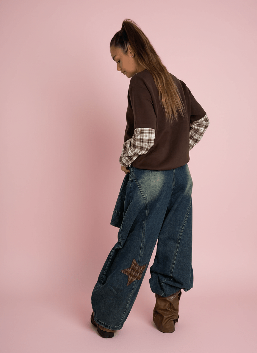 Jeans Baggy Con Zip Removibile E Patch A Quadretti - Abbigliamento Jessica