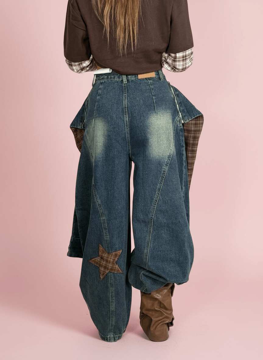 Jeans Baggy Con Zip Removibile E Patch A Quadretti - Abbigliamento Jessica