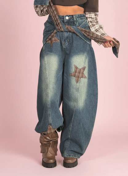 Jeans Baggy Con Zip Removibile E Patch A Quadretti - Abbigliamento Jessica