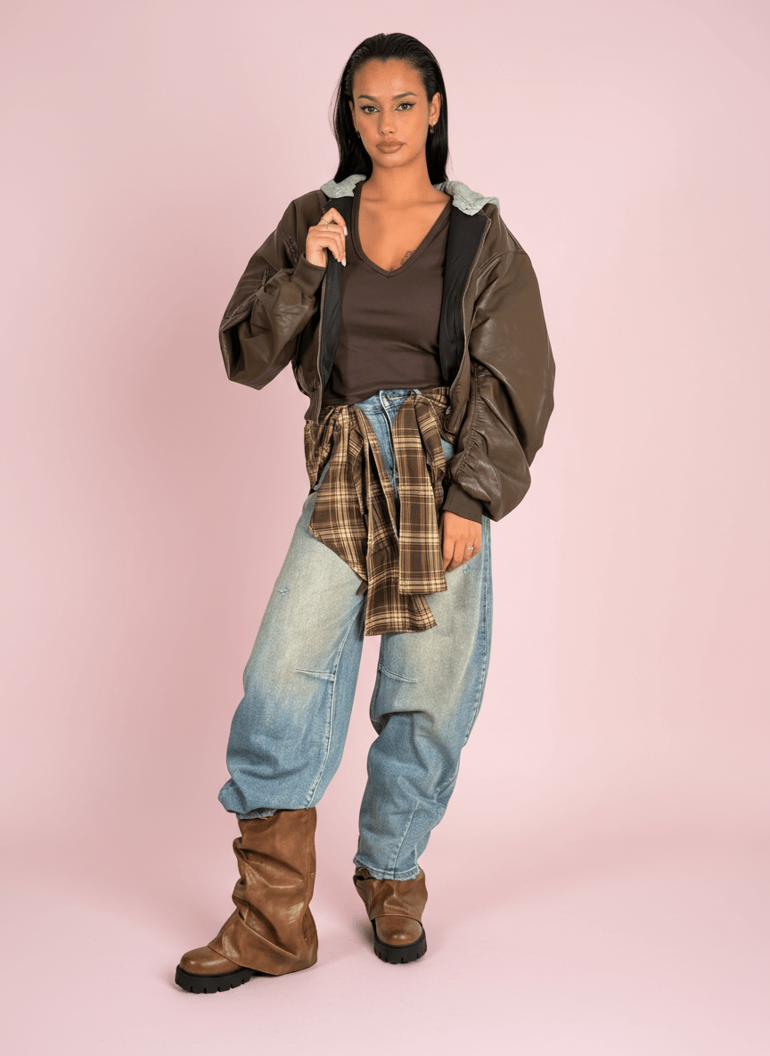 Jeans Balloon Vintage Con Camicia Effetto Cinta - Abbigliamento Jessica