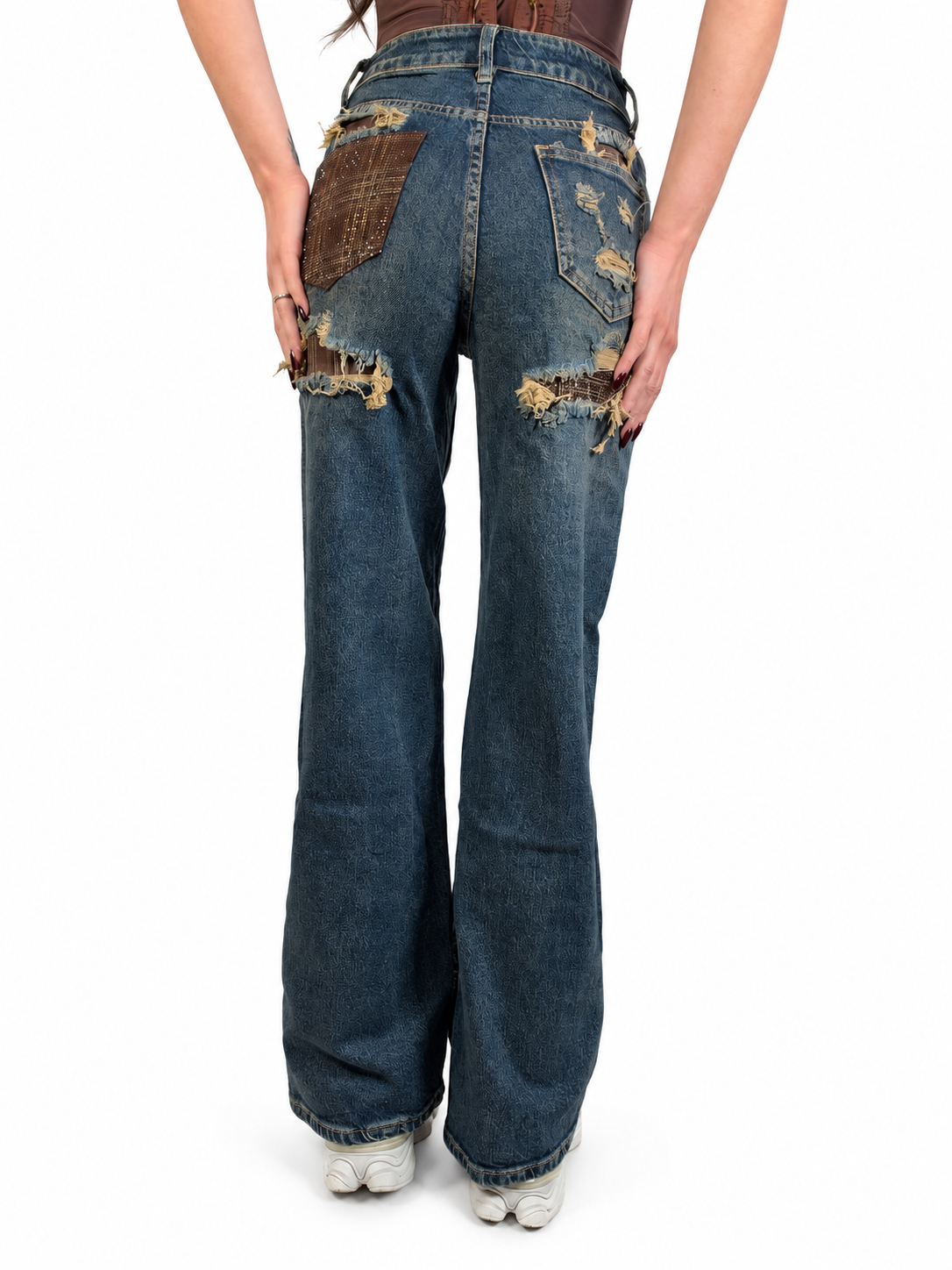 Jeans Galassia Texas con dettagli marroni - retro su sfondo bianco