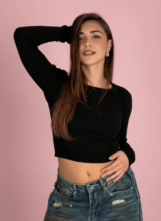 Maglia Basic Crop A Costine Nero - Abbigliamento Jessica