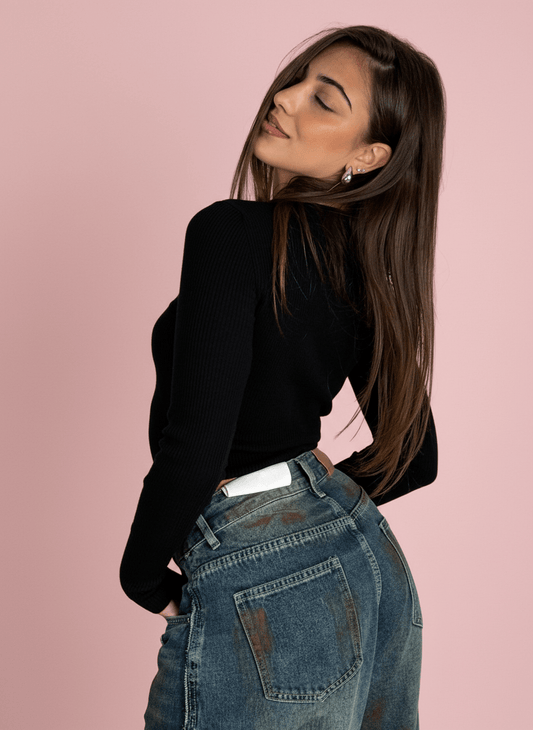 Maglia Basic Crop A Costine Nero - Abbigliamento Jessica
