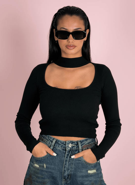 Maglia Cut - Out Con Collo Choker Nero - Abbigliamento Jessica
