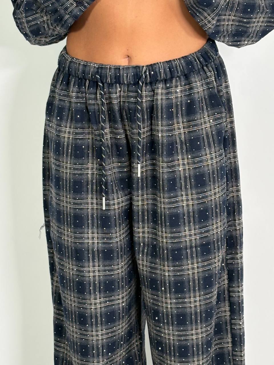 Pantalone Palazzo A Quadri Blu Con Dettagli Strass - Abbigliamento Jessica