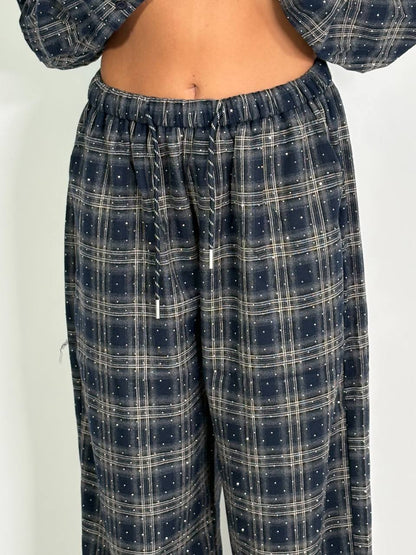 Pantalone Palazzo A Quadri Blu Con Dettagli Strass - Abbigliamento Jessica