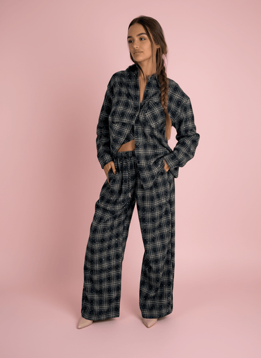 Pantalone Palazzo A Quadri Blu Con Dettagli Strass - Abbigliamento Jessica