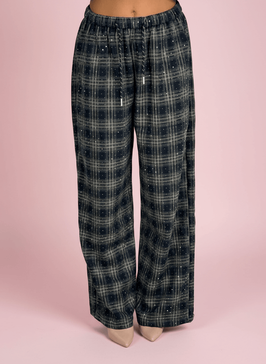 Pantalone Palazzo A Quadri Blu Con Dettagli Strass - Abbigliamento Jessica