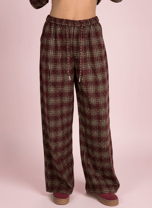 Pantalone Palazzo A Quadri Bordeux Con Dettagli Strass - Abbigliamento Jessica