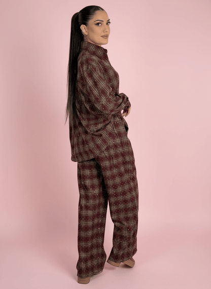 Pantalone Palazzo A Quadri Bordeux Con Dettagli Strass - Abbigliamento Jessica