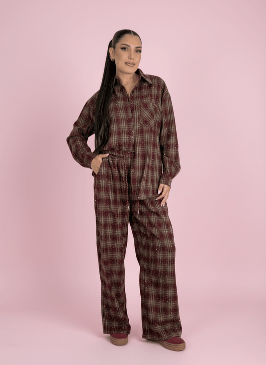 Pantalone Palazzo A Quadri Bordeux Con Dettagli Strass - Abbigliamento Jessica