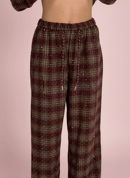 Pantalone Palazzo A Quadri Bordeux Con Dettagli Strass - Abbigliamento Jessica