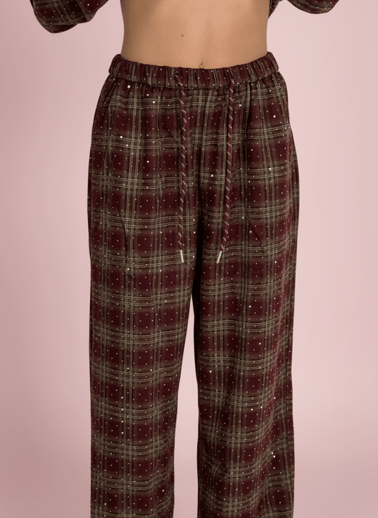 Pantalone Palazzo A Quadri Bordeux Con Dettagli Strass - Abbigliamento Jessica