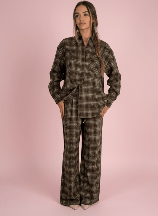 Pantalone Palazzo A Quadri Marrone Con Dettagli Strass - Abbigliamento Jessica