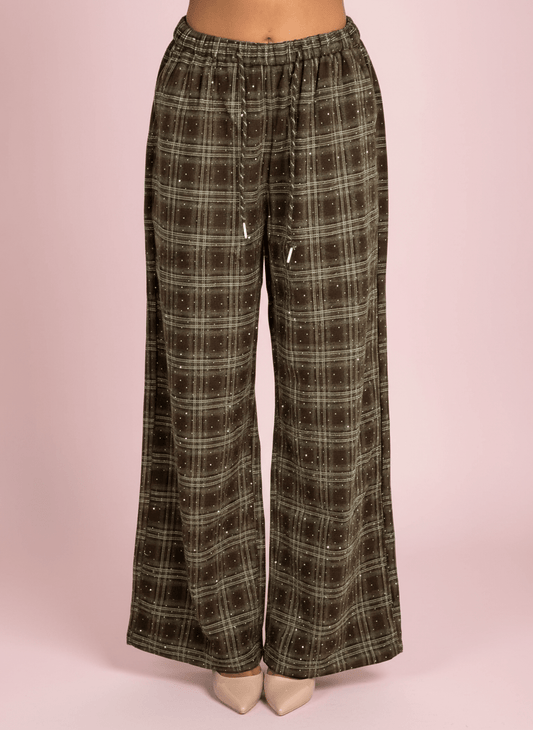 Pantalone Palazzo A Quadri Marrone Con Dettagli Strass - Abbigliamento Jessica