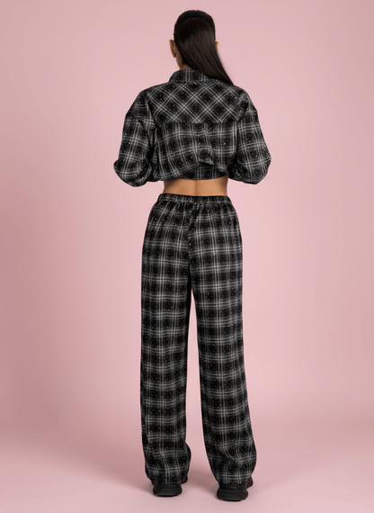 Pantalone Palazzo Nero A Quadri Con Dettagli Strass - Abbigliamento Jessica