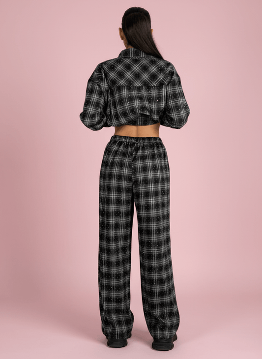 Pantalone Palazzo Nero A Quadri Con Dettagli Strass - Abbigliamento Jessica