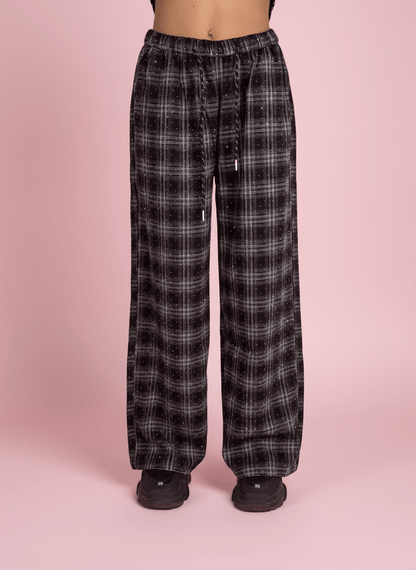 Pantalone Palazzo Nero A Quadri Con Dettagli Strass - Abbigliamento Jessica
