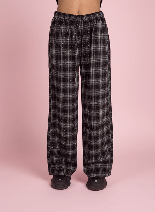 Pantalone Palazzo Nero A Quadri Con Dettagli Strass - Abbigliamento Jessica