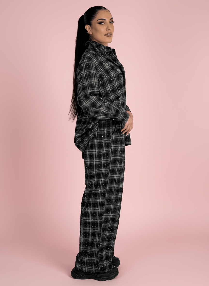 Pantalone Palazzo Nero A Quadri Con Dettagli Strass - Abbigliamento Jessica