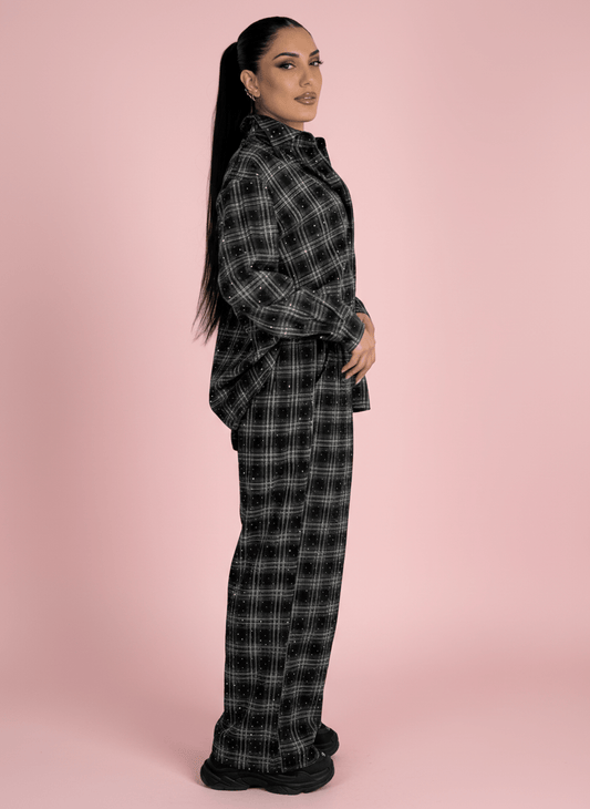 Pantalone Palazzo Nero A Quadri Con Dettagli Strass - Abbigliamento Jessica