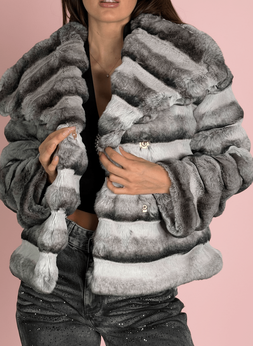 Pelliccia Ecologica Grigia A Fasce - Abbigliamento Jessica