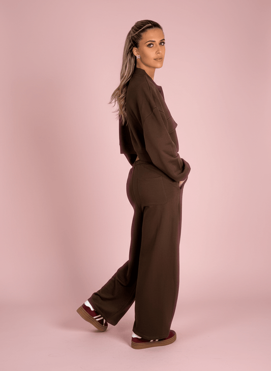 Set Felpa Cropped Con Pantalone Wide Marrone - Abbigliamento Jessica