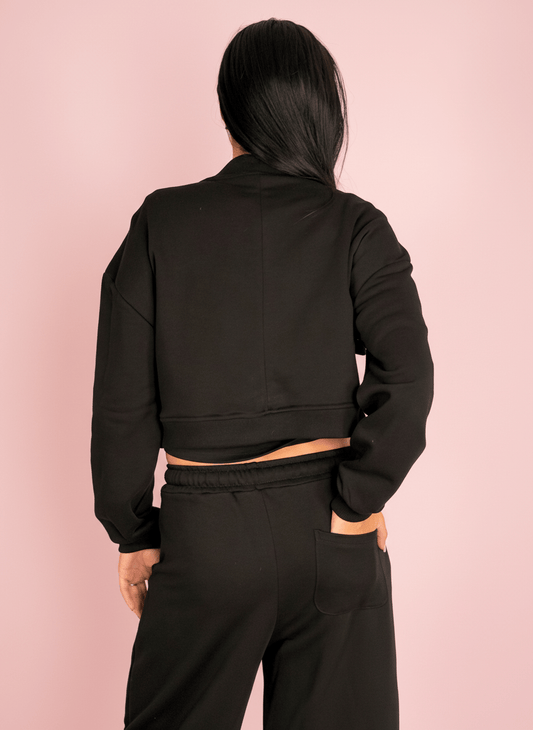 Set Felpa Cropped Con Pantalone Wide Nero - Abbigliamento Jessica