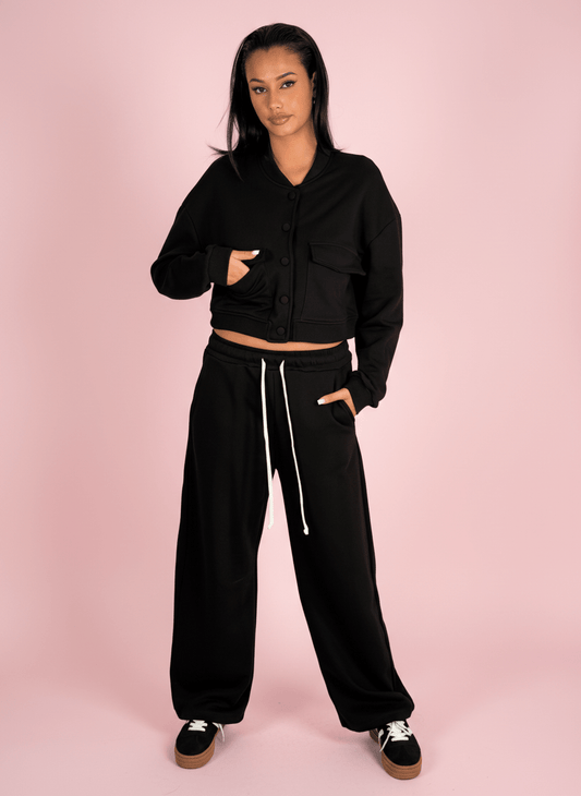 Set Felpa Cropped Con Pantalone Wide Nero - Abbigliamento Jessica