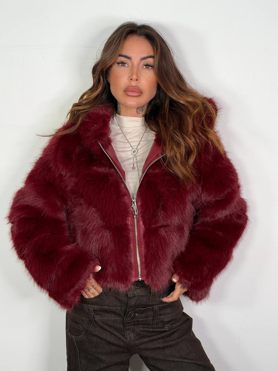 ECO Pelliccia Soft Glam Bordeaux con cappuccio e zip