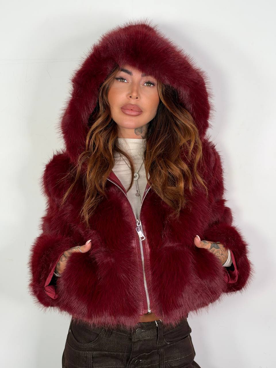 ECO Pelliccia Soft Glam Bordeaux con cappuccio e zip
