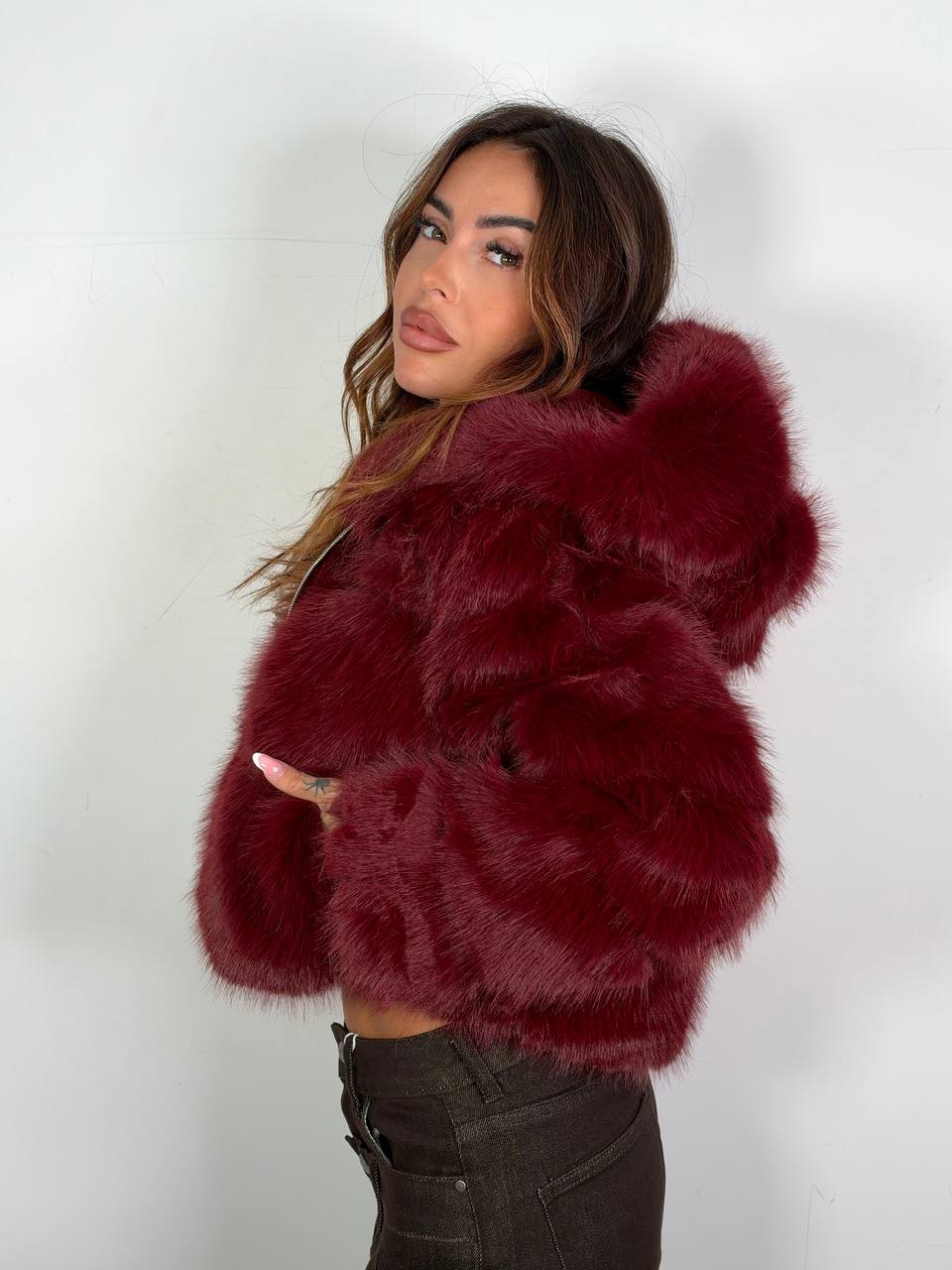 ECO Pelliccia Soft Glam Bordeaux con cappuccio e zip