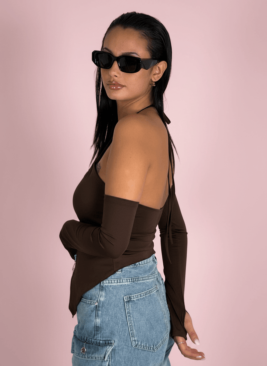 Top Halter Con Manicotti E Cut - Out Marrone - Abbigliamento Jessica