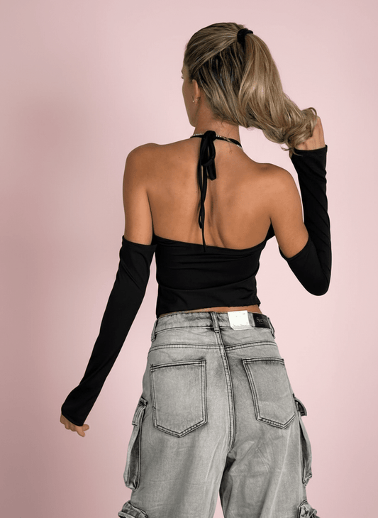 Top Halter Con Manicotti E Cut - Out Nero - Abbigliamento Jessica
