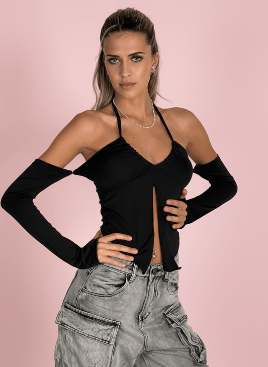 Top Halter Con Manicotti E Cut - Out Nero - Abbigliamento Jessica