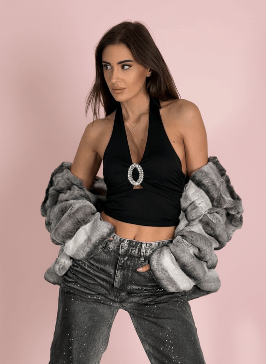 Top Halter Nero Con Anello Strass Nero - Abbigliamento Jessica