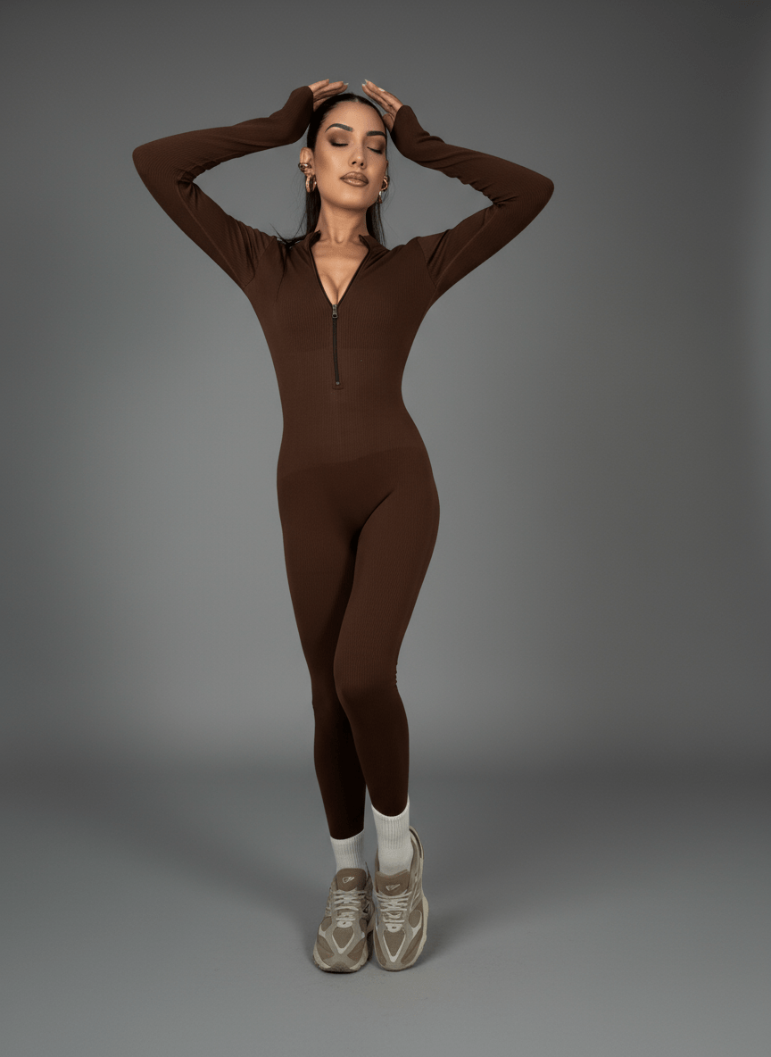 Tutina Body Shape Zip Marrone - Abbigliamento Jessica